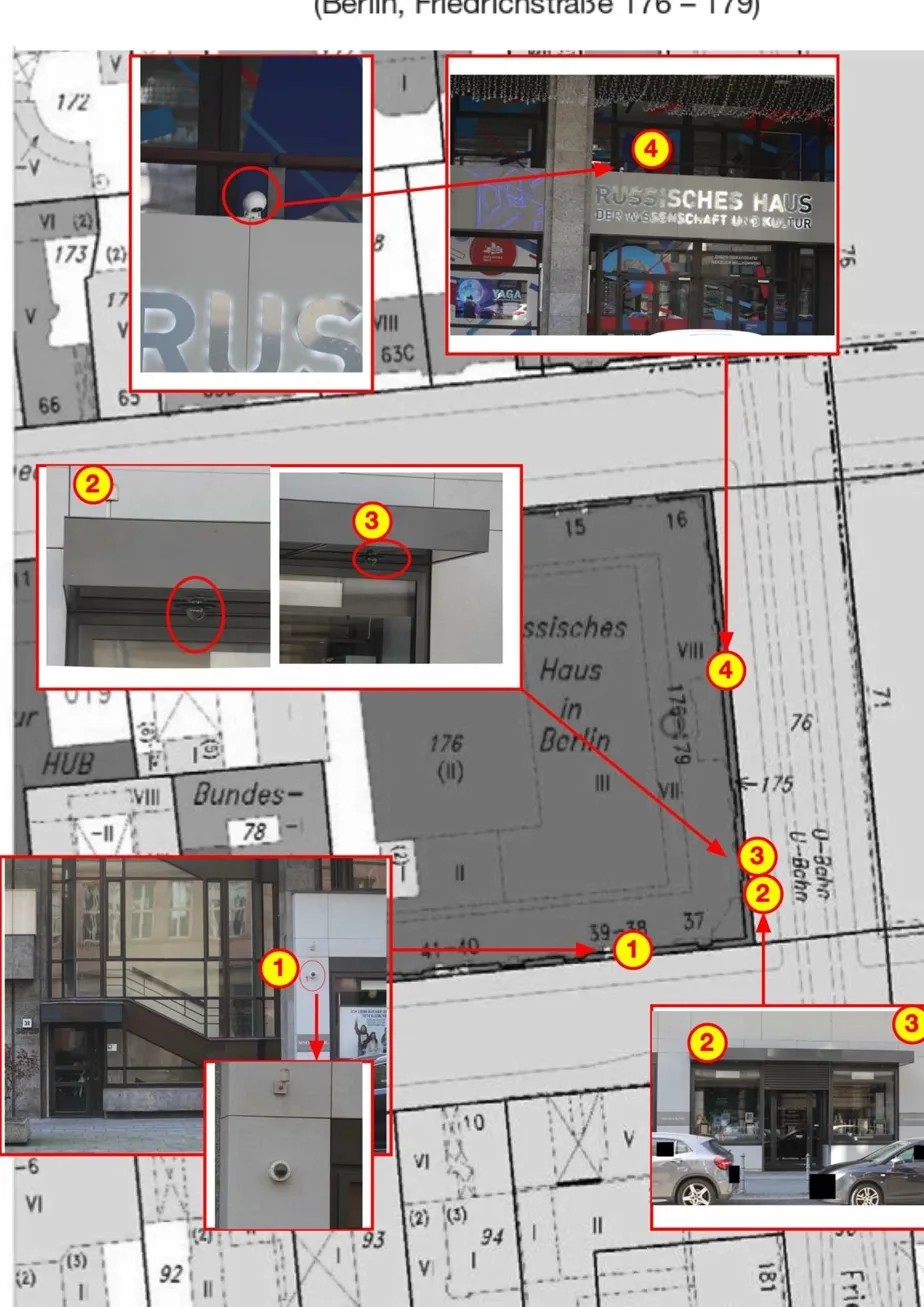 Dokumentierte Kamerapositionen am Russischen Haus Berlin – vier eingezeichnete Standorte auf dem Lageplan