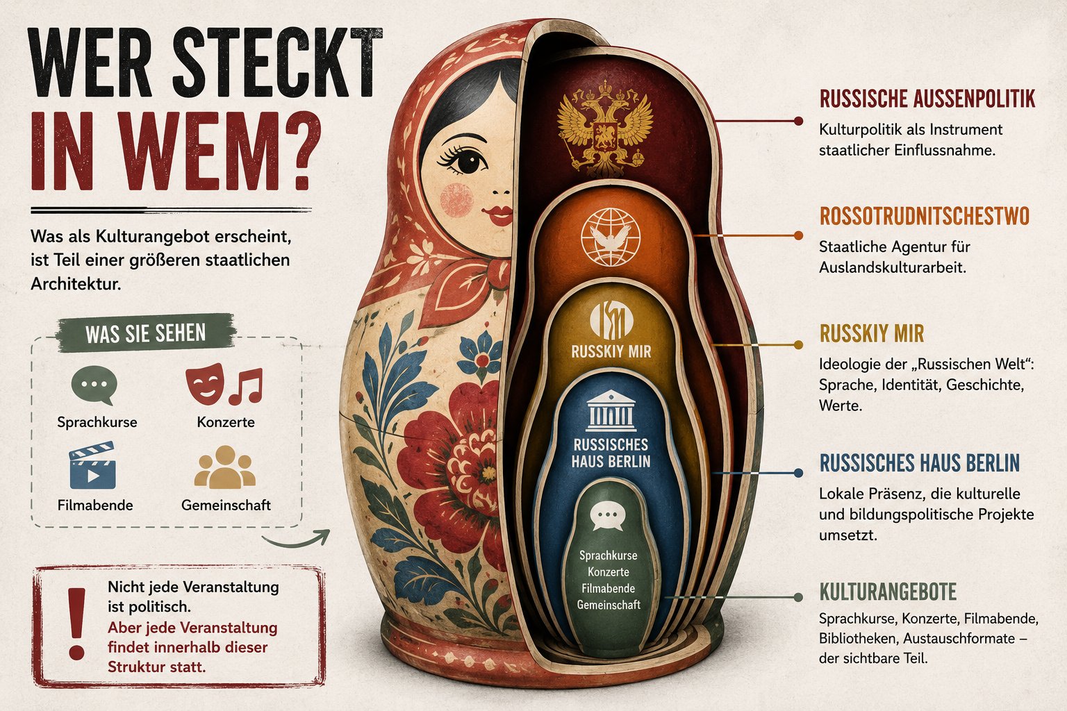 Matroschka-Grafik: Russische Außenpolitik enthält Rossotrudnitschestwo, darin Russkiy Mir, darin das Russische Haus Berlin, darin die sichtbaren Kulturangebote – Sprachkurse, Konzerte, Filmabende, Gemeinschaft. Nicht jede Veranstaltung ist politisch, aber jede findet innerhalb dieser Struktur statt.