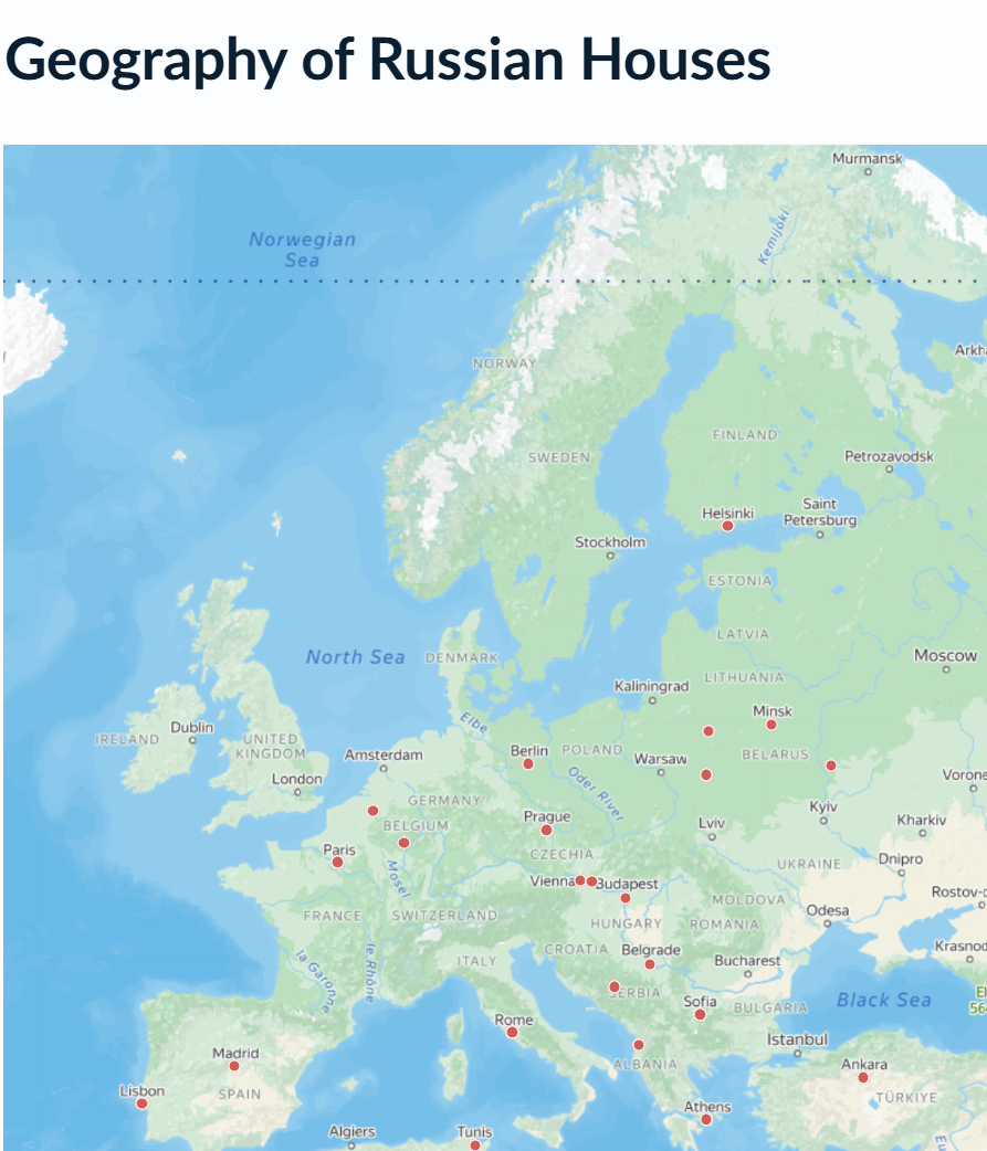 Offizielle Karte der von Rossotrudnitschestwo ausgewiesenen Russischen Häuser und Auslandsvertretungen in Europa, Stand 18. Juli 2026